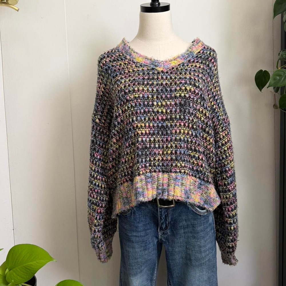 Circus NY Pastel Black Multicolour Knit Sweater V-Neck XL Oversized Y2K Rainbow